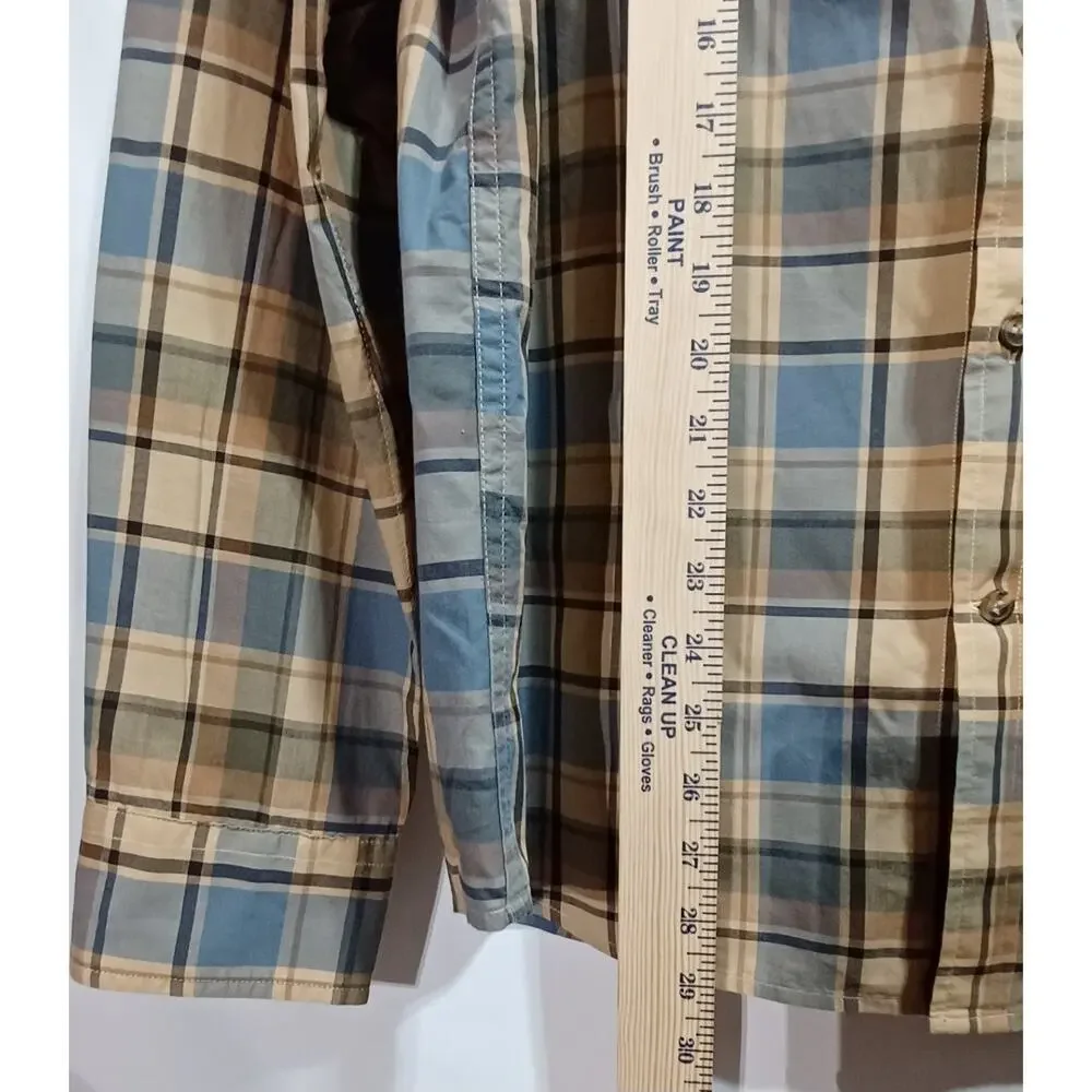 Banana Republic Untucked Fit Men's sz L Long Sleeve Shirt Brown Blue Black Plaid